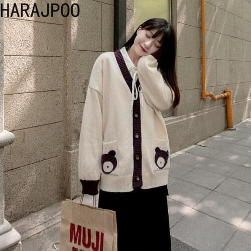 Harajpoo Women Sweaters Japanese Coat Fall 2020 V Neck Loose Bear Print Student Korean Style All Match Sweet Knitted Cardigans
