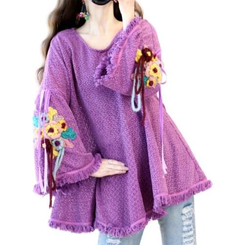 Mori Girl Ethnic Flare Sleeve Embroidery Tassel Knit Sweater Loose Cloak Female Casual Sweater Pullover Women Sweater Knitwear