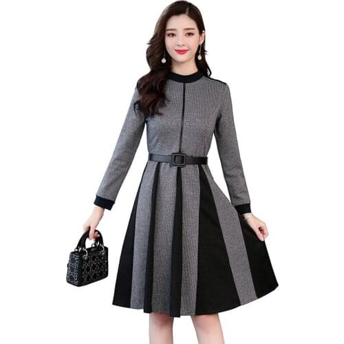 2019 Autumn New Fashion Temperament Slim Woolen Dress Women Long Section Zipper Spliced Stripe Dress Spring Lady Vestidos f996