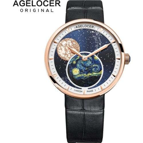 AGELOCER Swiss Brand Moonphase Watches Waterproof Quartz Clock Women Watches Black Blue Ultra-Thin Lady Watch Relogio Masculino