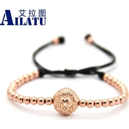 Ailatu Lion Head Charm Jewelry Weaving 4 mm High Quality Bronze Beads Braiding Macrame Men Bracelet