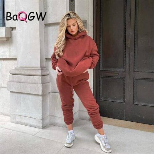 BaQGW Solid Autum Winter Hooded Sweatshirt Two Piece Set for Women Casual Hoodies Pants Sports Matching Sets Trousers Outfits
