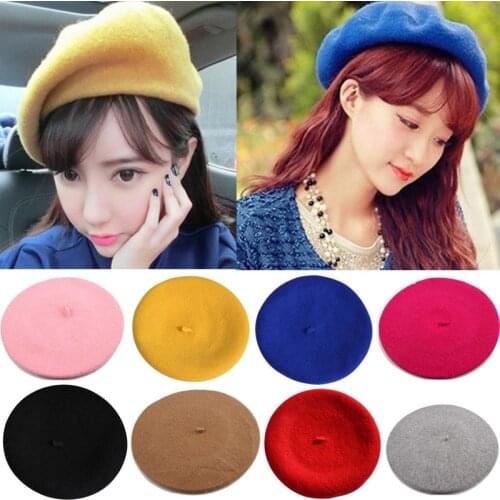Winter Warm faux Wool Beret Women Girls French Artist Beanie Hat Cap red black purple beige orange Kawaii Flat Top caps warmers