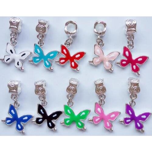 Free shipping 50pcs mix color 16x33mm butter-fly pendant alloy big hole beads charms fit European bracelet DIY