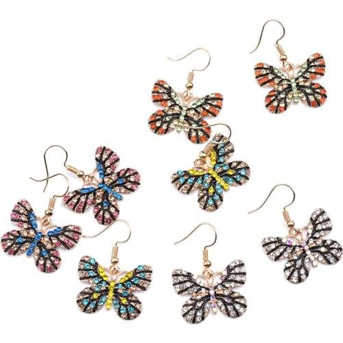 Shiny Butterfly Hanging Dangle Earrings For Women Ladies Animal Multicolor Crystal Pendant Drop Ear Jewelry Accessories