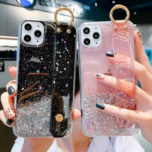 Glitter Powser Wristband Phone Case For iPhone 13 12 11 Pro XS Max XR X 6 6S 7 8 Plus Transparent Soft Wrist Strap Bracket Cover
