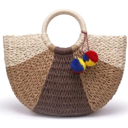 New large retro straw bag classic semi-circle transition color paper rope woven bag beach casual hand bag