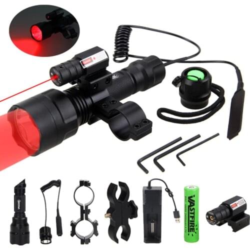 C8 XM-L Q5 Tactical Hunting Flashlight Rifle Airsoft Armas Light+Laser Dot Sight+Switch+2*20mm Rail Barrel Mount+18650+Charger