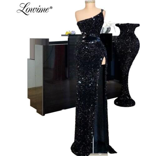 Black Prom Dresses One Shoulder Sequins Ladies Party Gowns 2020 Custom Made Arabic Women Evening Dress Dubai Robe De Soiree