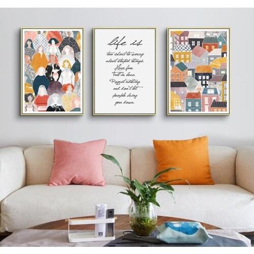 Colored House and Girls Posters and Prints Nordic Comic Quote Canvas Paintings Modern Art Living Room Home Decor Canvas Pictures