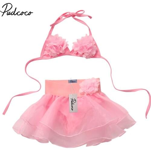 Pudcoco Kids Girl Children Princess Pink Sleeveless Flower Bikini +skirt Swimwear Set 1-6 Years Helen115