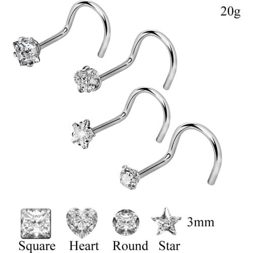 4pcs/lot 20G Surgical Steel Twisted Nose Studs Screw Ring Body Piercing 4 Shapes Rhinestone Nose Ring Crystal Nostril Jewelry