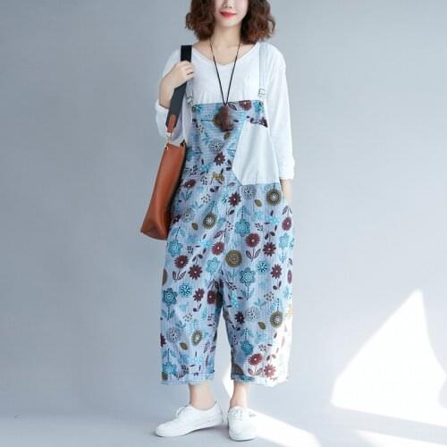 Women Loose Printed retro Vintage Patchwork Jumpsuits Ladies Loose Print Rompers Female Overalls Pants Trousers Floral Flower