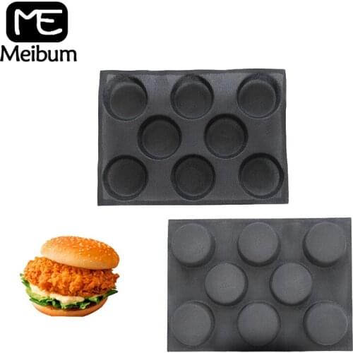 Meibum 8 Cavity Round Bread Bake Mold Hamburger Bun Puff Pan Muffin Tray Non Stick Black Porous Glass Fiber Silicone Mould