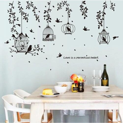 Cartoon Black Bird Cage Leaves Silhouette Sofa Entrance Restaurant Bedside Corner Birdcage Decoration Wall Stickers Home Decor