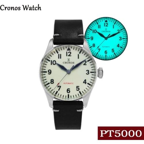 Cronos Flieger Pilot Mens Mechanical Watch 100M Luminous Sapphire Crystal Diver Watch Hollow Back Leather Strap Automatic Watch