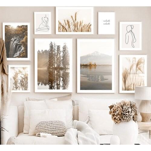 Reed Wheat Mountain Lake Forest Line Wall Art Canvas Painting Nordic Posters And Prints Wall Pictures For Living Room Home Decor
