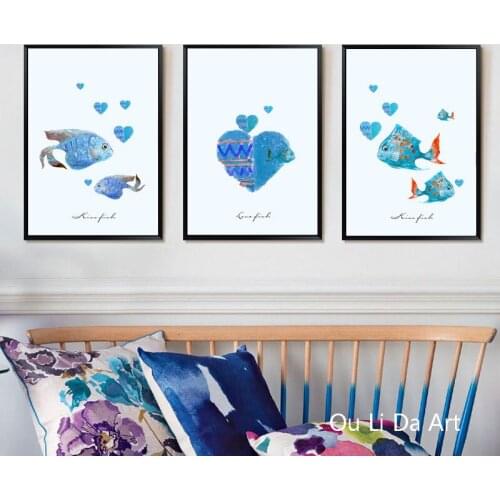 New no frame blue cartoon fish scenery canvas printings oil painting printed on canvas kid room wall art decoration picture