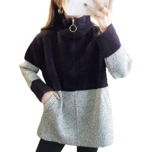 New 2020 Fashion Womens Coat Faux Mink Velvet Coats Spring Autumn Winter Casual Loose Lattice Knitting Woolen Jacket Outwear