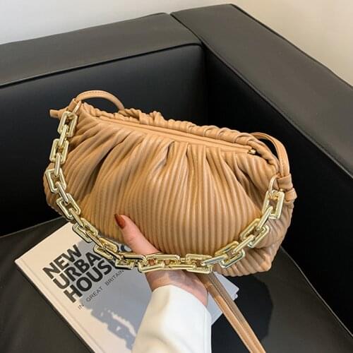New 2021 Women Pleated Underarm Shoulder Bag Gold Chains Baguette Pouch Totes Handbag Versatile Simple Fashion Dumpling Handbag