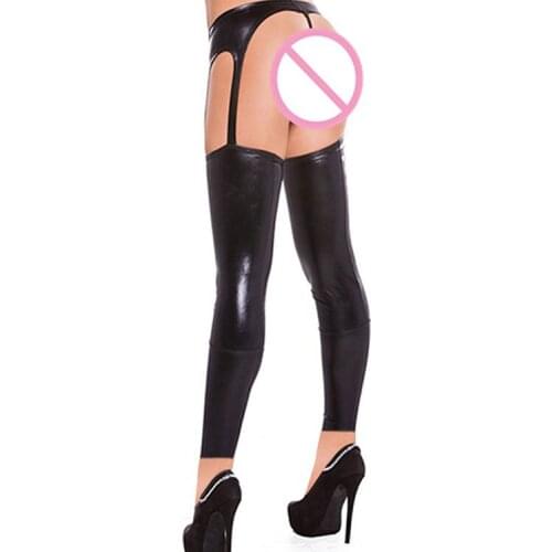 New High Thigh Vinyl Leather Stockings Sexy Women Zipper Front Crotchless Female Erotic Black Gothic Long Tights Stockings