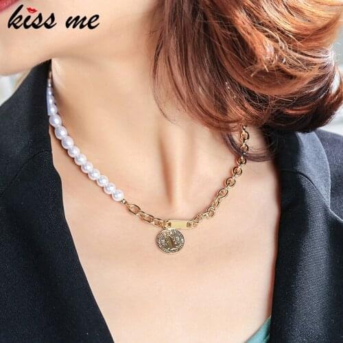 Kissme Round Jesus Cross Nameplate Pendant Necklaces For Women Splicing Acrylic Pearl Strand Link Chains Brass Fashion Jewelry