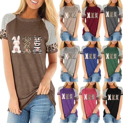 Easter Womens Short Sleeve Bunny Leopard T-Shirt Blouse Ladies Casual Tee Tops