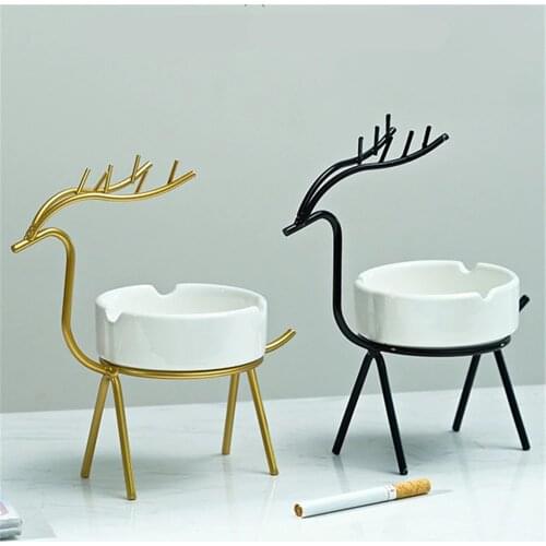 Nordic Simplicity Ashtray Deer Metal Holder Stand Set Ceramic Cigarette Ash Tray Home Office Art Craft Decor Desktop Ornaments