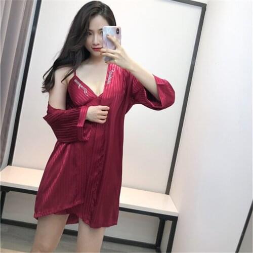 Spring and autumn pajamas feminine sling chest pad embroidery night skirt nightgown 2PCs home service noble kimono robe new