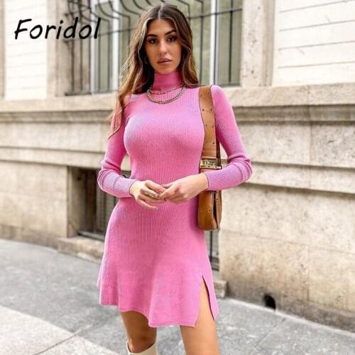 Foridol Turtleneck Pink Knitted Dress Women Casual Long Sleeve Slit Short Dress Spring Autumn A-line Dress Long Sleeve 2021