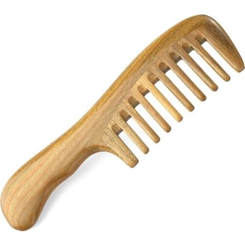 Wide Tooth Natural Sandalwood Hair Comb- No Static Wooden Detangling Comb with Smooth Handle for Thick Curly Wavy Hair