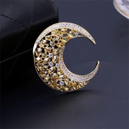Luxury Twinkle Pins And Brooch With Colorful Zircon Copper Moon Brooches Pins For Women Wedding Jewelry Accessories
