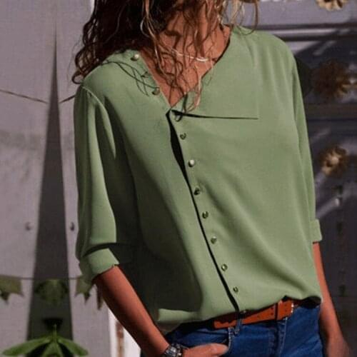 Seven-color Buttoned Irregular Long-sleeved Blouse With Sloping Collar Shirt Womens Tops And Blouses