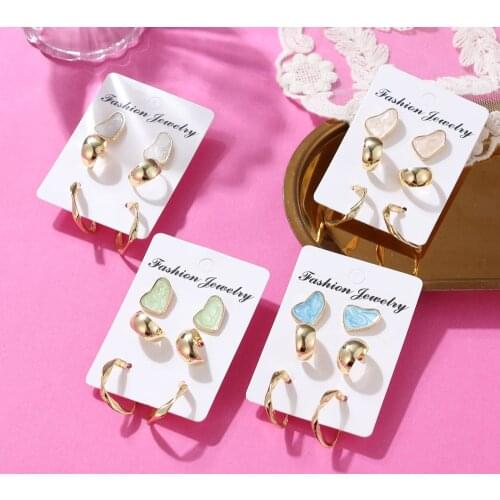 3 Set Womens Earrings Set Vintage Bohemian Geometric Green Blue Pink Enamel Stud Earrings Golden Jewelry For Women Student Gift