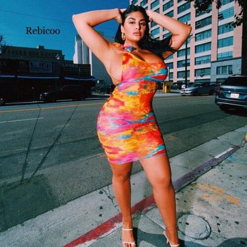 Sexy Hot Tie Dye Women Bodycon Dress One Shoulder Bandage Fashion Party Mini Dresses Sleeveless Skinny Print Dress