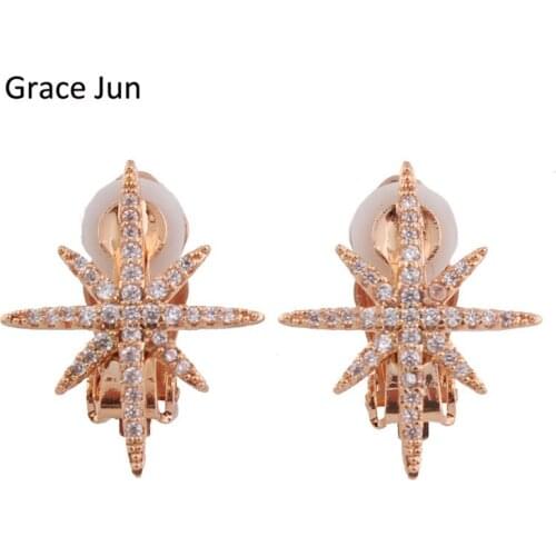 Grace Jun Korea Style Bridal Full Cubic Zirconia Clip on Earrings No Pierced for Women Wedding Prom Charm Ear Clip Not Allergy
