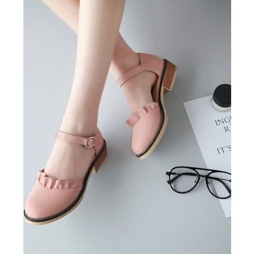 Big Size Ladies high heels women shoes woman pumps One-word buckle Pure color Rough-heeled single shoes