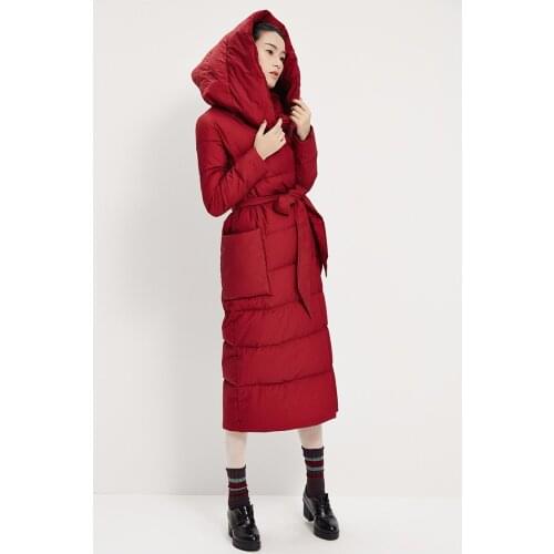 Large Hood Down Jacket Coat Long Woman Down Coat Warm Winter Duck Down Jacket With Waist Belt