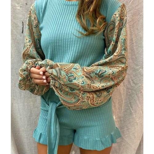 Women Fashion Lantern Sleeve O-neck Bandage T Shirt and Shorts Two Piece Set Casual Floral Tops Mujer Blouse