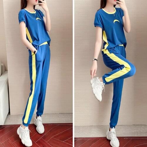 2021Summer sweet color short sleeve pants suit womens fashion Korean round neck loose slim casual T-shirt two piece sports suit