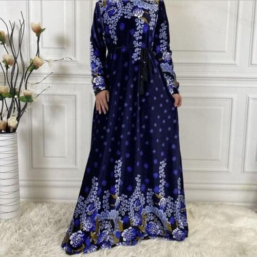 Muslim Women Long Sleeves Velvet Printing Dubai Dress Maxi Abaya Islamic Warm Thick Robe Kaftan Moroccan Clothing f198