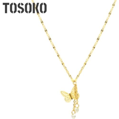 TOSOKO Stainless Steel Jewelry Butterfly Tassel Necklace Zircon Necklace Sweet Female Clavicle Chain BSP686