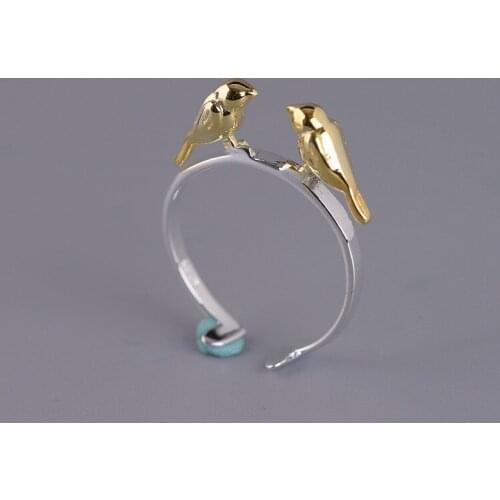 FNJ 925 Silver Double Bird Ring Original S925 Sterling Silver Rings for Women Jewelry Open Adjustable Size Gold Color