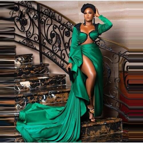 New Emerald Green Long Sleeve Evening Dresses Sexy High Split Black Appliques Africa Women Evening Gowns vestidos de noche
