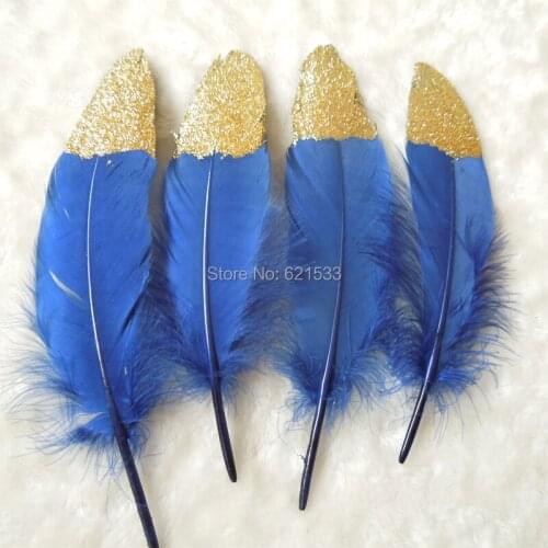 Gold Dipped Natural Navy Blue Goose Satinettes Feathers -Gold Painted with Glitter,50pcs/lot,13-20cm long