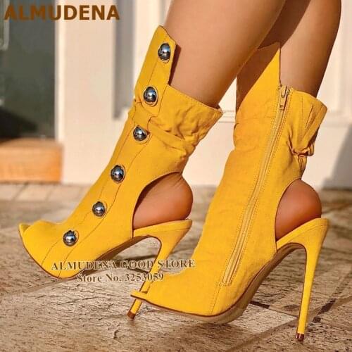 ALMUDENA Yellow Studded Peep Toe Booties Stiletto Heel Metal Decoration Dress Boots Cut-out Ankle Boots High Heel Pumps Dropship