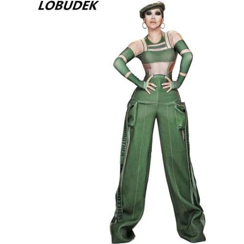 Stretch Loose Women Jumpsuit Army Green Bar Nightclub Stage Costume Leading Dancer Jazz Hip Hop Performance Jumpsuits