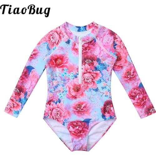 100-160 Kids Girls One-piece Swimwear Long Sleeve Flower Print Pattern Leotard Swimsuit Monokini Bathing Suit Beachwear