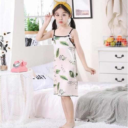 Kids Girl Sling Dress Nightgowns Summer Girl Green leaf pattern Silk Satin Soft Nightdress Sleepwear Pajamas Nightwear Homewear