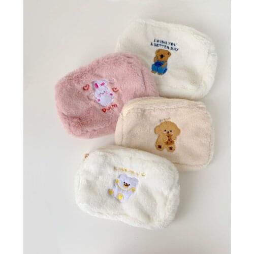 Flannel Bear Cosmetic Bag Cute Embroidery Plush Storage Bag Kawaii Student Large Capacity Pencil Case Korea Fashion Pen Box